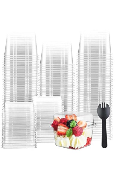 Generic 100 Sets Clear Dessert Cups with Lids & Sporks, Disposable Square Par...