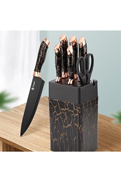 Generic Black Gold Stainless Steel 7 Piece Chef Knife Set with Block - Profes...
