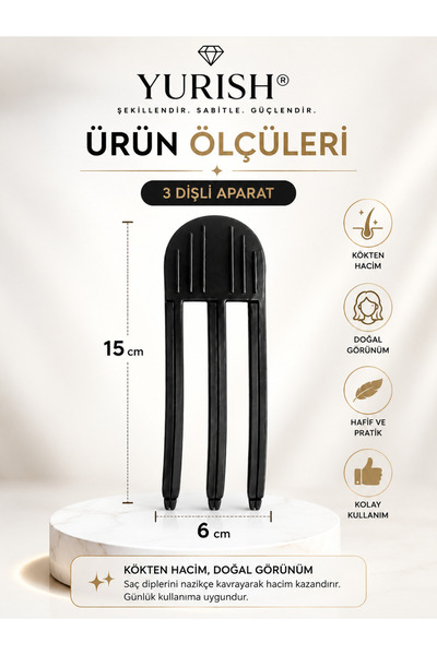 YURISH Kadın Ve Erkek 3 Dişli Siyah Kabarık Saç Kaldırma Kök Volüm Isısız Şekillendirici Tarak Perçem Hacim Tarağı