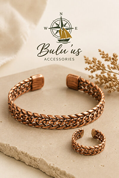 BULU'US ACCESSORIES Örgü Tasarım Eskitme Bakır Bileklik & Ayarlanabilir Yüzük...