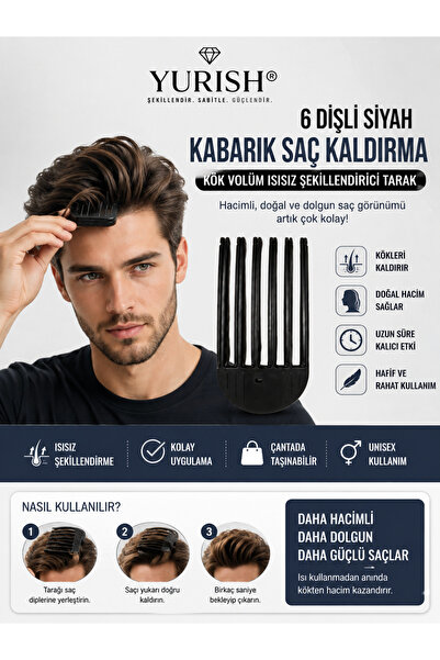YURISH Kadın Ve Erkek 6 Dişli Siyah Kabarık Saç Kaldırma Kök Volüm Isısız Şekillendirici Tarak Perçem Hacim Tarağı