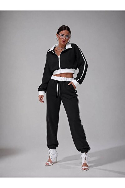 moda paketi Γυναικείο Σετ Μαύρο με Λεπτομέρεια Λευκής Ρίγας σε Αντίθεση και Φ...