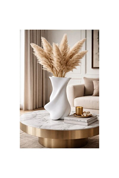 Safir Design Büyük Boy Dekoratif Beyaz Vazo ve Pampas Aranjmanı – Modern Salo...