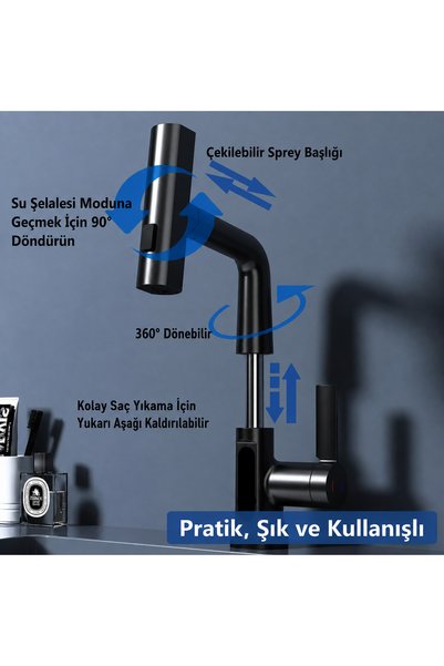 sz master bilişim صنبور شلال بثلاث وظائف مع شاشة عرض درجة الحرارة LED ورأس قابل للسحب 360 درجة °   صنبور المطبخ والحمام