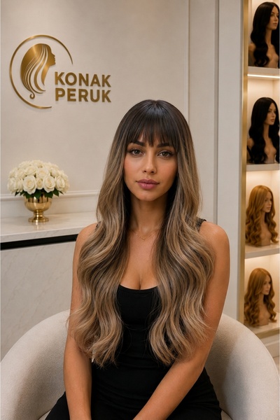 KONAK PERUK Fiber Sentetik Peruk Uzun - Koyu Kestane Balköpüğü Ombreli