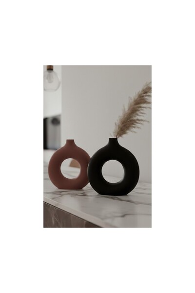 Safir Design Modern Mat Bordo & Siyah 2'li Donut Vazo Seti, Doğal Pampas Otu ...
