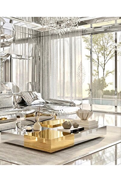 LUXURY VİLLA LUXURY GÜMÜŞ VE GOLD AYNALI TEKERLEKLI DEKORATIF ORTA SEHPA 80 ×...