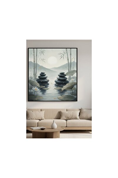 Lüks Yeşil ve Mavi Nilüfer Çiçeği Feng Shui Duvar Sanatı | Modern Çerçeveli Tablo