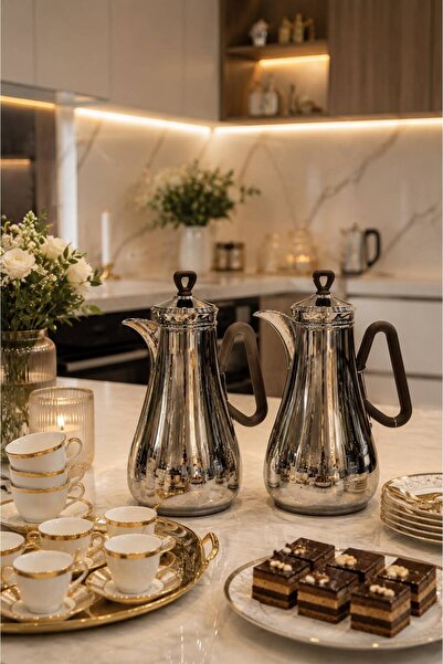 Generic طقم ترامس ضيافة شاي و قهوة استيل 1+1 لتر بتصميم فاخر وعصري لجلسات الت...