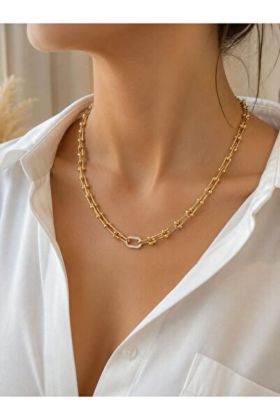 CM Jewelry Gold Chain Single Ring Zircon Stone Steel Necklace