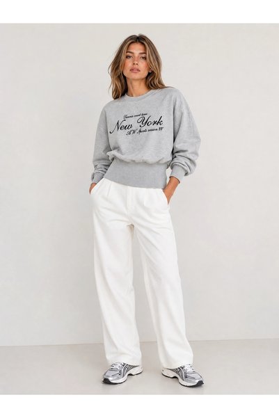ESADE Women's Gray New York Printed Crew Neck Oversize Sweatshirt with Waist Tie