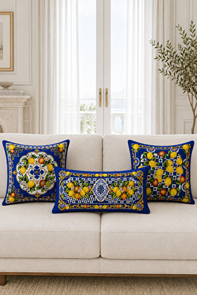 Bebişim Halı Blue Lemon Patterned Set of 3 Decorative Throw Pillow Covers