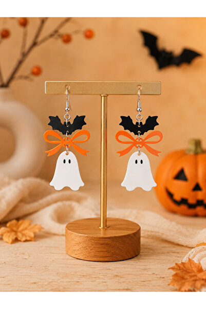Tilekey Seramik Halloween Küpe – Hayalet ve Yarasa Figürlü Turuncu Fiyonklu S...