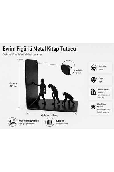 YRC Tasarım Evrim Figürlü Metal Kitap Tutucu – Siyah Dekoratif Kitap Desteği ...