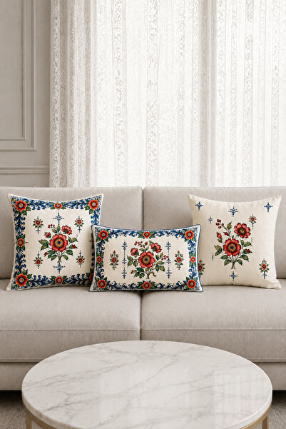 Bebişim Halı Red and Blue Floral Patterned 3-Piece Throw Pillow Cover Set