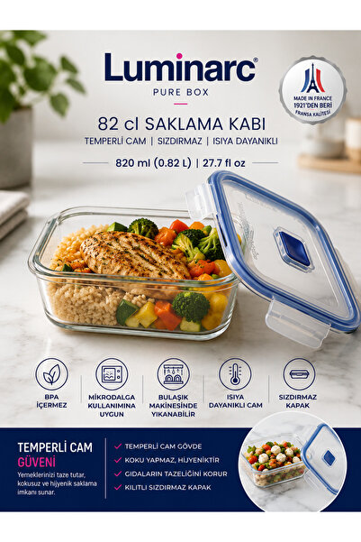 Luminarc Temperli Cam 820 ML.Buzdolabı Saklama Kabı / Sızdırmaz Kilitli Kapak...