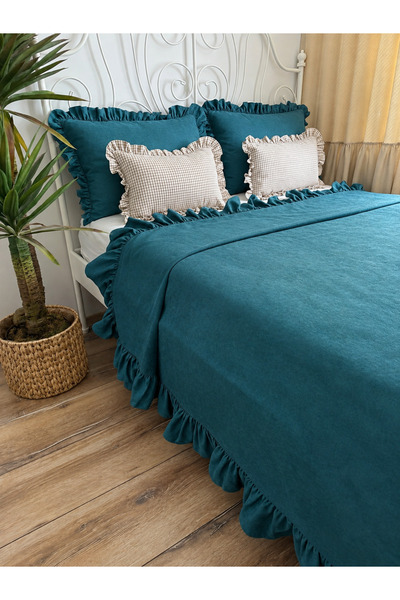 Decamor home İnci Vintage Alaçatı Blue Ruffled Bedspread Double Size