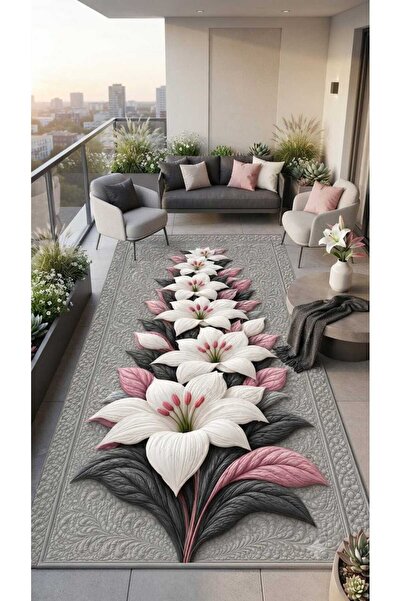 LovisaHome Gri Pembe Lilyum Çiçek Desenli Modern Yıkanabilir Dijital Baskı Halı