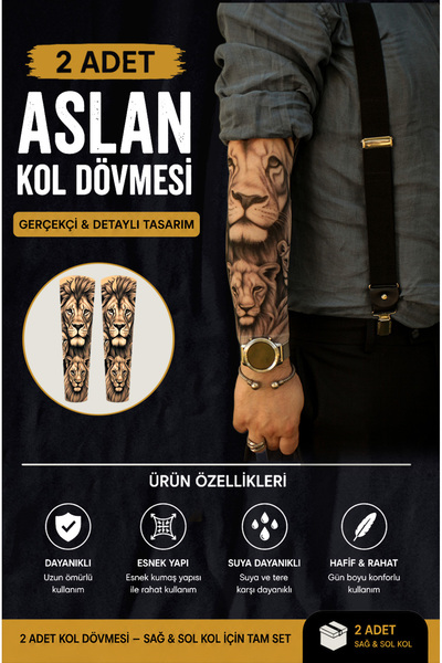 SWANKYSOCKS Giyilebilir Aslanlı Kol Dövmesi 3D Baskılı Tattoo - 2 ADET