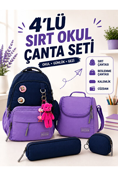 a v d a 4'lü Mor Lacivert Okula Dönüş İlkokul Çanta Seti Sırt Çantası Beslenm...