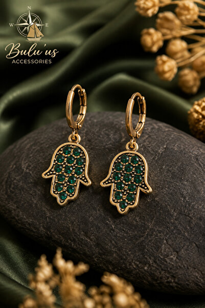 BULU'US ACCESSORIES Bronz Zümrüt Taşlı Fatma Ana Eli Küpe – Zarif ve Şık Tasa...
