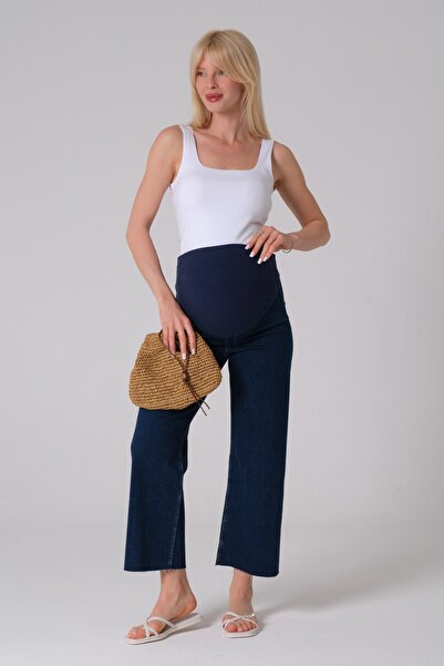 BUSA Maternity Stretchy Waistband Adjustable Wide Leg Jeans Dark Blue
