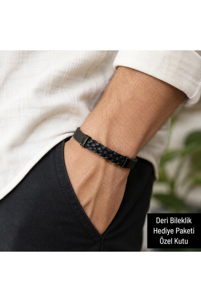 HER ŞEY NOTA www.herseynota.com سوار أطلس من الجلد الأسود المنسوج للرجال - تص...