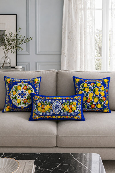 HOMESSA Blue Gold Mediterranean Lemon 3-Piece Throw Pillow Cover