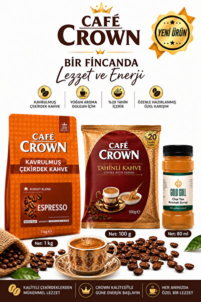 Cafe Crown Kahve Seti 1 kg Kavrulmuş Çekirdek Kahve + 100 g Tahinli Kahve + G...