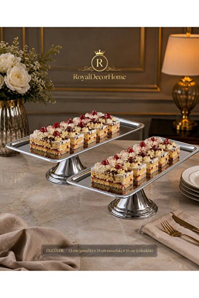 RoyalDecorHome Lüx 2'li Dikdörtgen Gümüş Ayaklı Kek,Pasta,Kurabiye,Tatlı,İkra...