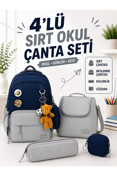 a v d a 4'lü Lacivert Gri Okula Dönüş İlkokul Çanta Seti Sırt Çantası Beslenm...