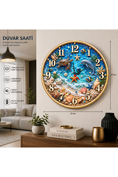 artprinta Okyanus Temalı Yunus ve Deniz Kaplumbağası Dekoratif Duvar Saati