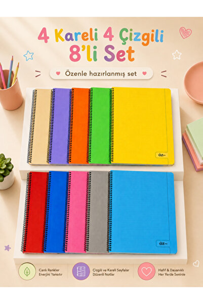 ÖZ OFİS A4 60 Yaprak 4 Kareli + 4 Çizgili Spiralli Defter Seti Plastik Kapak ...