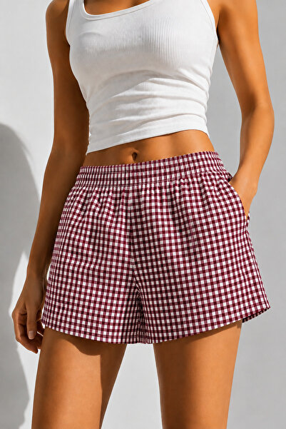 YUVOL Burgundy Plaid Women's Shorts with 2 Pockets, Comfortable Fit, Elastic ...