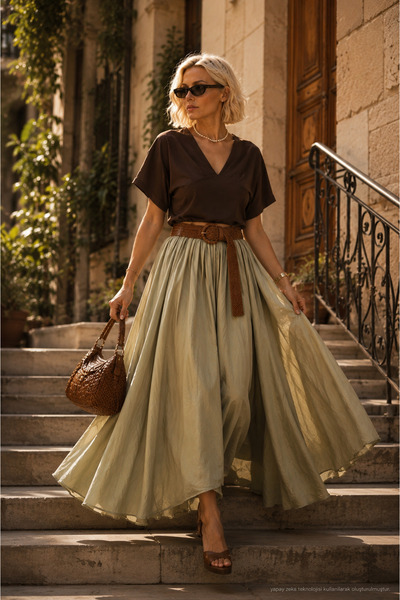 ibeeka High Waist Gathered Loose Fit Cotton Maxi Skirt with Belt Included