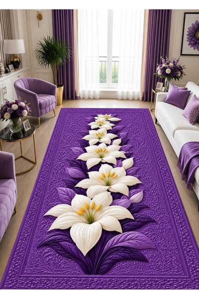 LovisaHome Mor Beyaz Lilyum Çiçek Desenli Modern Yıkanabilir Dijital Baskı Halı