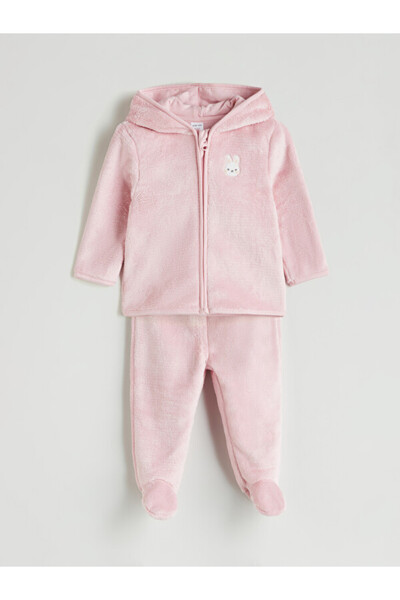 LC Waikiki Hooded Plush Baby Girl Cardigan and Pants 2-Piece