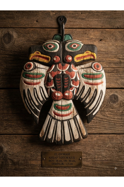 PİRAMİGO Şimşek Kuşu Thunderbird Eskitme El Oyması Ahşap Maske Totem Boho Tribal Duvar Dekoru 38 cm