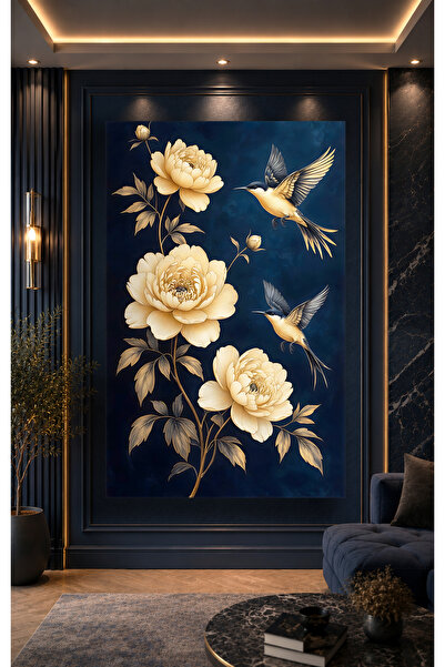Evnora Home Decor Altın Çiçek ve Sinek Kuşu Cam Tablo | Lacivert Zeminli Deko...