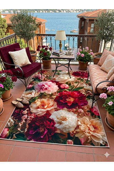 LovisaHome Pembe Bordo Büyük Şakayık Çiçekli Yıkanabilir Dijital Baskı Halı