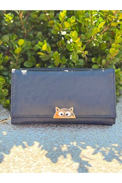Kadın Mini Kedi Detaylı Basic Kağıt Para Bozuk Para ve Kartlık Bölmeli Cüzdan 9 x 16 CM
