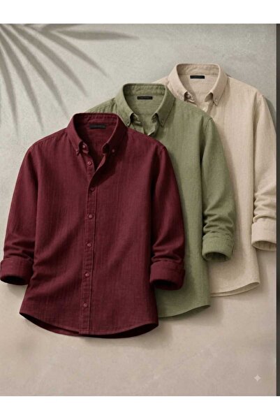 blackbonds Men's Burgundy Khaki Beige 3-Pack Easy-Iron 100% Cotton Linen-Look...