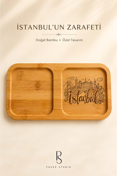 PakerStudio Paker Studio Istanbul Themed 2-Compartment Laser-Engraved Bamboo Coffee Presentation Stand