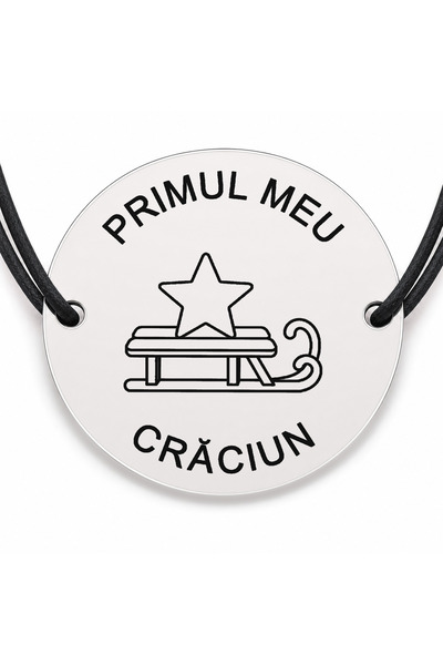 Simoshop Brățară argint 925 cu bănuț gravat sanie mică cu stea, șnur negru re...
