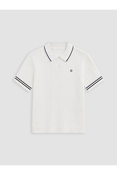 LC Waikiki Ecru Polo Collar Embroidered Girls' Knit Sweater