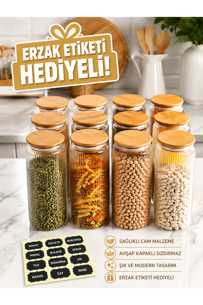 Glass&Grace 12’li 1500 ML Ahşap Kapaklı Çizgili Cam Erzak Kavanozu Seti | Şık...