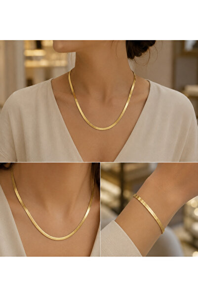 CASELN Women's Steel Tarnish-Resistant Gold Italian Flat Necklace & Bracelet ...