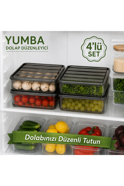 Homsen 3.5L Yumba 4'lü Antrasit Buzdolabı Organizeri Kapaklı Sebze Meyve Sakl...