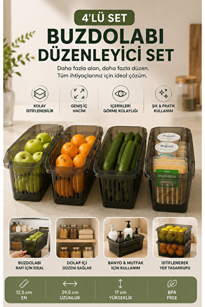 Homsen 4'Lü Buzdolabı Organizeri Sebze Meyve Saklama Kabı Şeffaf Mutfak Dolap...
