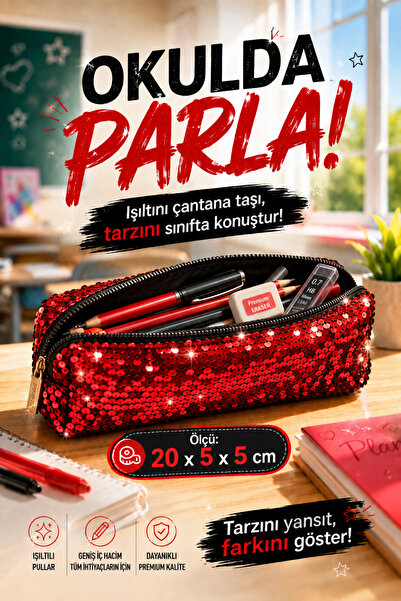 MAKE BAG KIRMIZI PULLU IŞILTILI OKUL KALEMLİĞİ